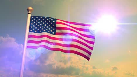 USA-US-American-Flag-Medium-Shot-Waving-Against-Blue-Sky-CG-Flare-4K